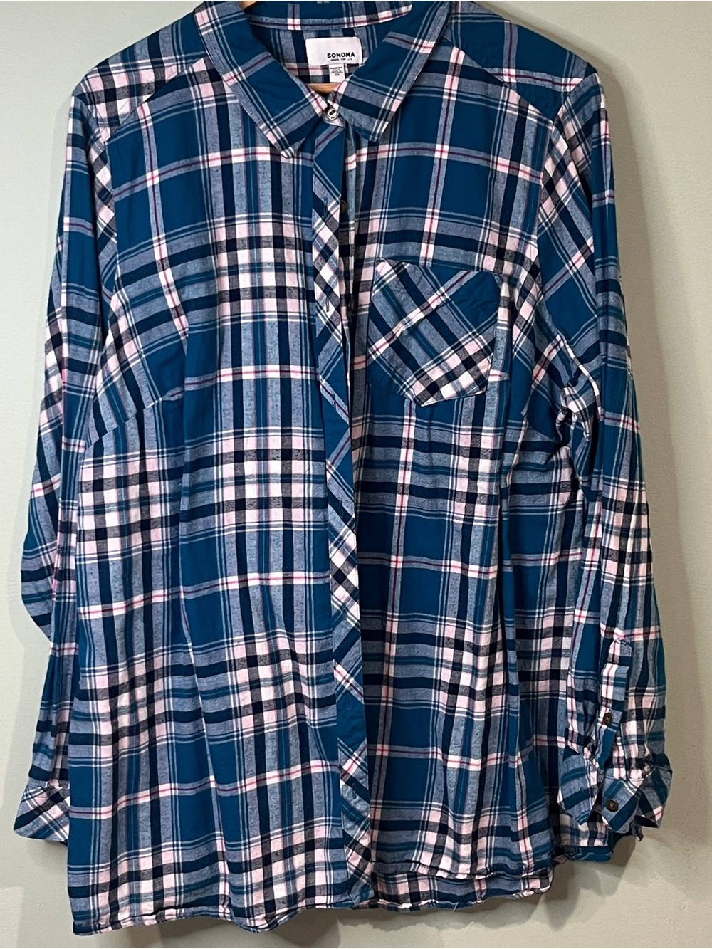 Sonoma Blue and White Plaid Button-Down Shirt